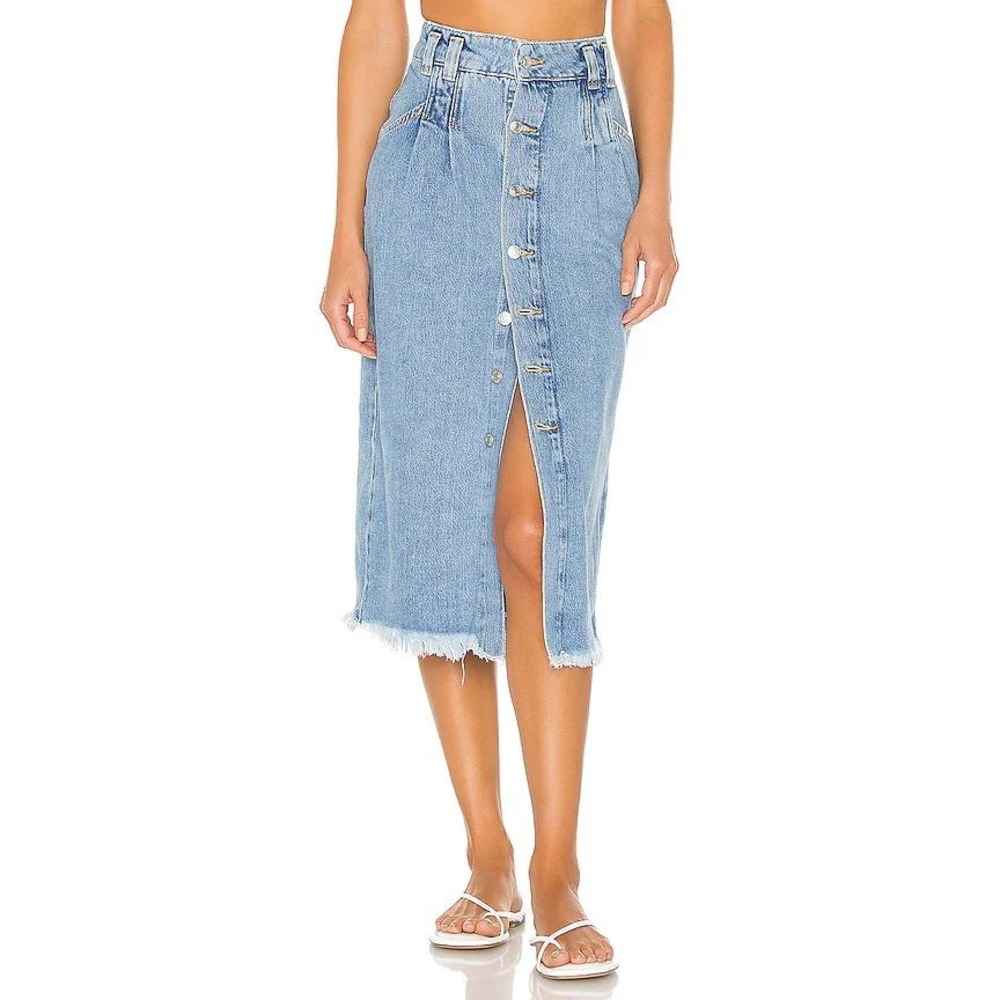 Free People We The Free Denim Sidney Midi Skirt Blue Jean Button Front Size 31